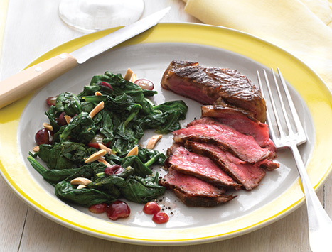 Our recipe pick for this month! Pan fried steak with deglazed spinach and toasted almond compliment
